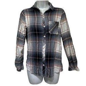 Beach Lunch Lounge Plaid Long Sleeve Button Front Shirt XS